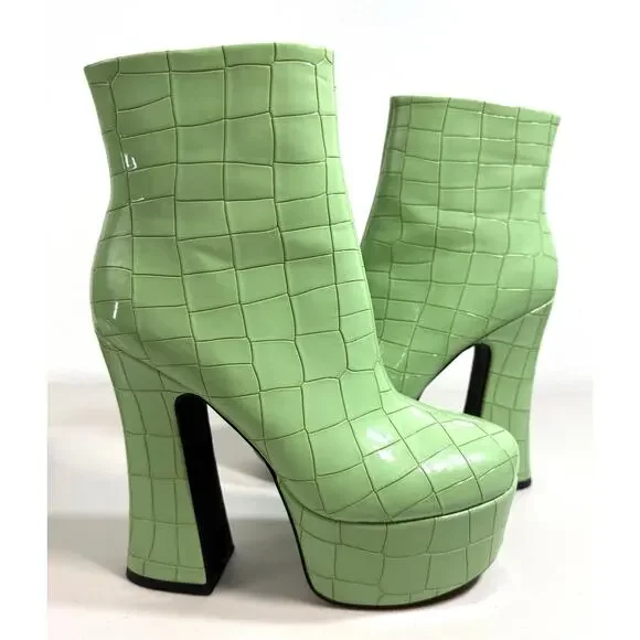 Azalea Wang Green Platform Chunky Booties Croc Embossed Size 8 - Picture 7 of 15
